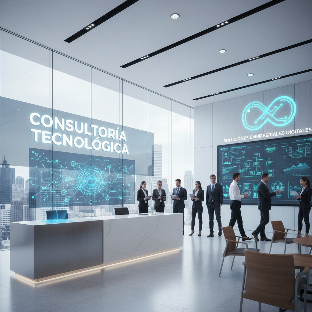 Un grupo de profesionales de negocios está de pie en una oficina moderna frente a una gran pantalla digital que muestra gráficos y el texto "CONSULTORÍA TECNOLÓGICA".
